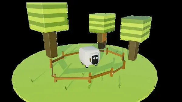 A low-poly sheep in a small wooden pen on a round patch of grass, ringed by three blocky trees with striped green canopies.